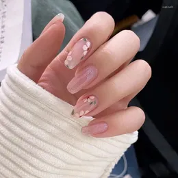 Falska naglar 24 st/set rosa vackra blommönster bröllop brud nagelkonst tips med lim avtagbar kista falska faux ongles