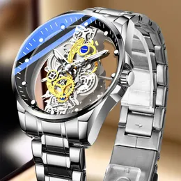 Wristwatches Skeleton Quartz Watch Stainless Steel Waterproof Men Watches Built in Battery Drive Ransparent Luxury Original A4281 230314