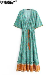 Fritidsklänningar Vintage Chic Mode Kvinnor Blommönster V-ringad Rayon Bomull Bohemian Maxiklänningar Dam V-ringad Tofs Sommar Strand Boho Klänning W0315