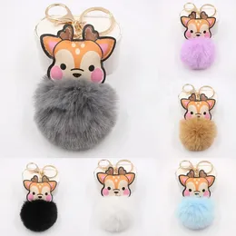 Fluffy Rabbit Fur Ball Sika Deer Keychain Pompom Key Chain PU Leather Animal Keyring Holder Bag Charm Trinket Chaveiros