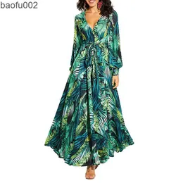 Casual Dresses Aecu Vestido Floral Print Boho Maxi Dress Sexig Lady Bohemian Autumn Long Dress Women Beach Dresses Female Robes Party Dresses W0315