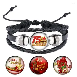 Charmarmband Great Patriotic War Victory Day Glass Cabochons Rope Armband Black Leather Snap Button Jewelry Men GiftsB057