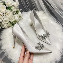 Bländande gnistrande kristaller slik bröllopskor för bruden spetsig tå tunna höga hälkvinnor pumpar sandaler solida strass Vit slip på damer kvinnliga skor Cl2013
