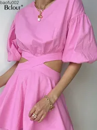 Casual Dresses Bclout Pink Hollow Out Linen Women Dress Puff Sleeve Lace-Up Ruffled Elegant Mini Dresses O-Neck Thin A-Line Summer Dresses 2022 W0315