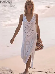 Vestidos casuales 2023 Sexy Bikini sin mangas Encubrimientos Blanco Crochet Túnica de punto Vestido de playa de verano Mujeres Ropa de playa Traje de baño Cubrir Q1299 W0315