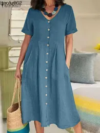 Casual Dresses ZANZEA Summer Fashion Women Dress Solid Short Sleeve V-Neck Cotton Button Vestido Elegant Casual Oversized Midi Shirtdress 2023 W0315