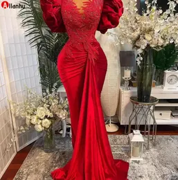 Plus size Arabisch Aso Ebi Red Mermaid Lace Prom Dresses 2023 kralen pure nek fluwelen avond formeel feest tweede receptie jurken jurk BC11945 GJ0315