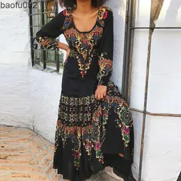 الفساتين غير الرسمية 2022 رجعية Maxi Women Women Autumn Long Sleeve O الرقبة عالية الخصر فستان عتيقة Print Print Boho Beach Long Long Vestidos W0315