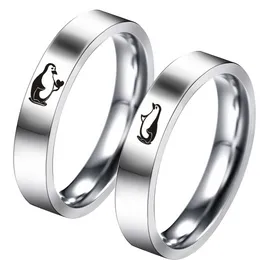 4mm Fashion Cute Penguin Couple Ring Men Women Stainless Steel Wedding Jewelry Valentine's Day Gift Rings for Him and Her Love Heart