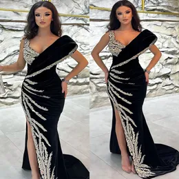 2023 Arabski Aso Ebi -Mermaid Czarne sukienki balowe koronkowe kryształy seksowne wieczór formalne przyjęcie drugie przyjęcie urodzinowe zaręczyny Druhna sukienka ZJ4320