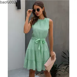 Casual Dresses 2021 Summer Sweet Pleated Dress A-Line Women Sashes Dress Sleeveless Pure Color Mini Sundress Female Beach Dress Vestido Verano W0315