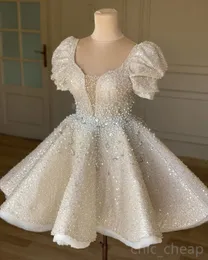 2023 Arabiska ASO EBI Pärled Crystals Wedding Dress Paljett spetsar A-Line Short Summer Beach Brudklänningar Klänningar ZJ2022