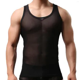 Herrtankstoppar transparenta undertröja med seat ärmlös skjorta mesh andningsbar kroppsbyggande fitness väst sexig män singlet