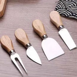 4pcs/مجموعات سكاكين الجبن مجموعة من خشب البلوط مقبض زبدة شوكة سكين مجموعة أدوات طبخ المطبخ إكسسوارات مفيدة