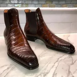 Yeni Kahverengi Chelsea Boots Erkekler için Siyah İş Smipted Toe Slip-On Timsah Desen El Yapımı Erkek Kısa Çizme Ücretsiz Kargo