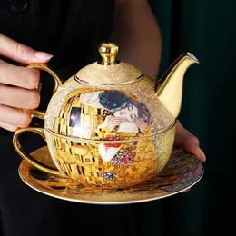 Teapot For One Klimt Kiss Bona China Tea Set Porcelain English Afternoon Tea Drinkware Pot Single Teacups Gift for Father