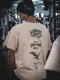 Camiseta masculina de camiseta de hip-hop de mangas curtas de mangas curtas para fitness colar de colarinho grande danificado Terry algodão crua camiseta de manga curta