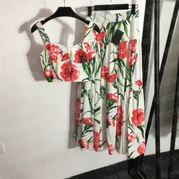 Skriv ut klänning Suspender Tank Top Set för Women Fashion Designer Bra T Shirt Temperament Flower Print kjolar Två bit