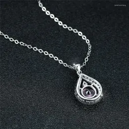 Pendant Necklaces Charm Silver Color Chain Necklace Luxury Crystal Water Drop Elegant Pink Zircon Round Stone For Women