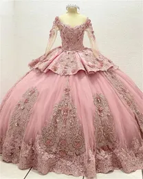 Pink Long Sleeve Princess Quinceanera Dresses 2023 Floral Applique Peplum Lace-up Corset Prom Vestidos rosas para quinceaNeras