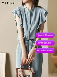 Women's Two Piece Pants VIMLY Elegant Shirt Set's Summer Outfits Matching Set 2023 Stand Collar Petal Short Sleeve Blouse Elastic Waist 230314