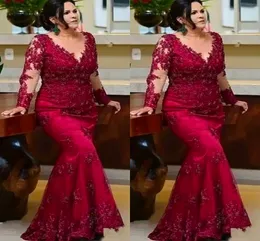 Mother Of the Bride Dress Burgundy Prom Party Gown Formal Custom Plus Size Mother's Dresses Long Sleeve Lace New Mermaid Trumpet O-Neck Illusion