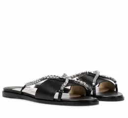 Kvinnor Slipper Flats Luxury Designer Sandal J-M Aadi Crystal Cross-ram Satin Slides Woman Casual Shoes Beach Flip Flop With Original Box