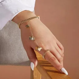Länk armband kedja fjärilsarmband 2 metall färg kvinnlig justerbar hänge finger smycken fest gåvor