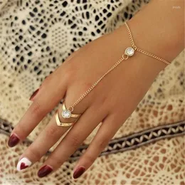 Bangle White Zircon Ringue de dedo Cadeia de mão Para mulheres cor ouro vintage Ajuste Ajustável Bracelete Jóias Femininas Presentes Femininos