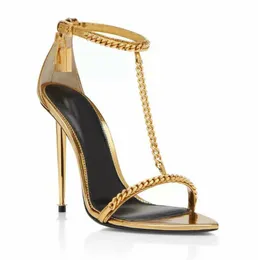 Summer Desig Ford Gold Chain Link Sandals 신발 화자 뾰족한 알몸 여성 럭셔리 디자이너 레이디 하이힐 파티 웨딩 검투사 Sandalias35-43