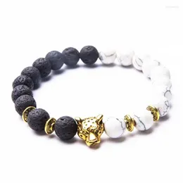 Strang Hellgelbgold Farbe Leopard Verbinden Schwarzer Lavastein Runde Perlen Armband Weißer Howlith Tierschmuck