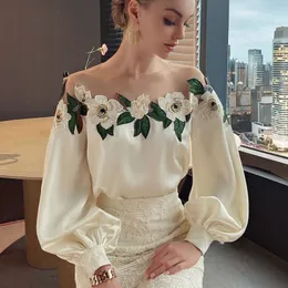 Women's Blouses Shirts Luxury Flowers Embroidery Mesh Stitching Satin Shirt Sweet Long Sleeved Faux Silk Blouses Loose OL Gauze Glossy Crop Tops Blusas 230316