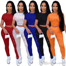 Summer Women 2 Two Piece Pants Set Tracksuits Sexy Holed Crew Neck Short Sleeve Crop Top And Leggings Sport Outfit Clothes