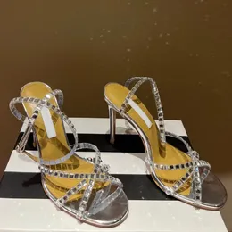 Aquazzura sandal kvinnor banda trasversal trasparente i pvc ankelband kristallröstade klänningskor dans sensasion designer cleo häl lyx designer sandaler