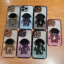 Bling Glitter Gradient Astronaut Folding Stand Plating Case Cameralens FLIM GLASS Kickstand SUCKSUTION COVER för iPhone 14 13 12 11 Pro Max X Xs XR XS Mini