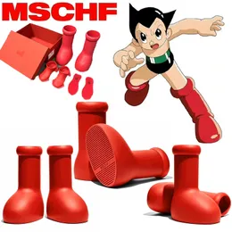 Коробка с дизайнером мужчины женщины MSCHF Rain Boots Big Red Boot Eve Rubber Astro Boy Reps на коленях мультфильм.
