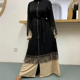 Abbigliamento etnico Aperto Abaya Dubai Donna Abito musulmano Zip Caftano Turco Nappa Allacciatura Grande altalena Abito lungo Islam Caftano Marocain Abaya