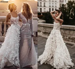 3D Floral Lace Appliqued A Line Wedding Dresses For Women Spaghetti Straps Bohemian Country Bridal Gowns Sleeveless Sexy Open Back Maternity Robes de Mariee CL2018