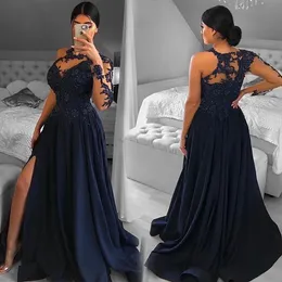 Mother Of the Bride Dress Prom Party Gown Formal Custom Plus Size Mother's Dresses A Line Applique Beaded Chiffon O-Neck One Long Sleeve Thigh-High Slits