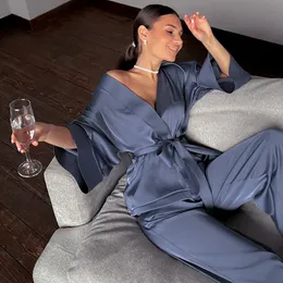 Kvinnors sömnkläder Hechan Solid Women Robes With Sashes 2 Piece Set Wrist Sleep Tops Satin Pants Loose Pyjamas Casual Sleepwear Female Home Suits 230316