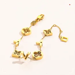 New Fashionable Classic Bracelets Women Letter Bangle 18K Gold Plated Stainless steel Crystal Flower Beads Lovers Gift Wristband Cuff Chain Designer Jewelry