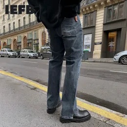 Erkek Kot IEFB Sonbahar Vintage Jeans Erkekler Kore Moda Düz Tüp Gevşek Pantolon Bölünmüş Dipler Modeli Denim Pantolon 9Y4515 230316