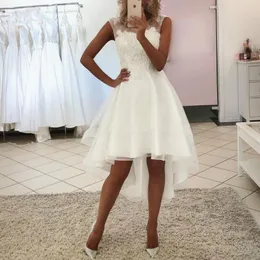 High Low Lace A Line Wedding Dresses 2019 New Sheer Jewel Neck Puffy Asymmetrical Bridal Gown Vestido