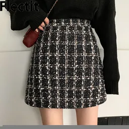Skirts Flectit Fall Winter Plaid Wool Skirt Womens Plus Size Thick Woolen Glitter Tweed Mini Skirt Saia Feminina 230316