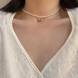 Pendant Necklaces 2023 Korean Vintage Baroque Natural Pearl Choker Cute Cherry Necklace Simple Thin Clavicle Chain For Women French Jewelry