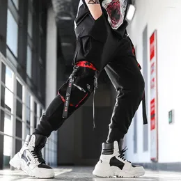 Мужские модные грузовые брюки уличная одежда мужчина хип -хоп техническая одежда готический стиль подростки функциональные брюки ленты карманы комбинезоны черные