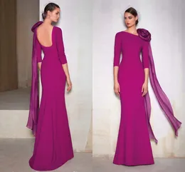 Élégant Fuchsia longue soirée robe formelle 3D fleur demi manches sirène longueur de plancher dos nu robes de soirée Robe de soirée 2023 nouveau