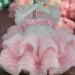 Mädchenkleider Rosa Party-gestuftes Kinderkleid mit Schleife, Perlen, Tüll, bauschiges Blumenkleid