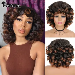 Синтетические парики Короткие волосы афро -ненормальные вьющиеся с челкой для чернокожих женщин Пушистый африканский омбр -бесшумный косплей Натуральный коричневый 230314