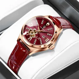 Women's Watches POEDAGAR Watch Women Diamond Leather Quartz Wristwatch Waterproof Luminous Rose Gold Wine Red Ladies Girlfriend Gift 230314